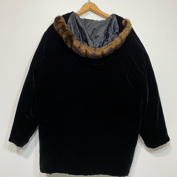 WOMENS LAUREN RALPH LAUREN BLACK VELVET SILK HOODED COAT PARKA FAUX FUR Size L - Picture 8 of 10
